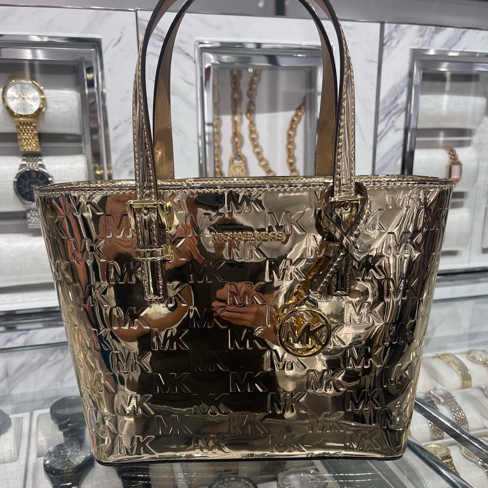 MICHAEL KORS Jet Set Extra-Small Metallic Logo Debossed Convertible TZ Tote Cros